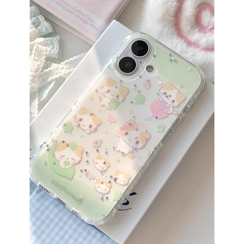 Y2k Japan Korea Fashiy Lucky Grass Cat Sparkling Cute Phone Case For iPhone16 15 14 13 12 11Pro Max 78Plus MINI INS Simple Cover