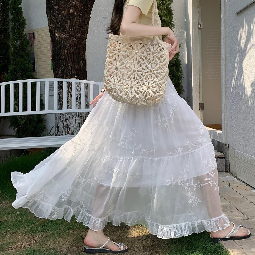 Qooth Lace Embroidered Tulle Maxi Skirt High-Waist Slimming A-Line Tiered Cake Skirt Fairy Full Flare Summer QT2914