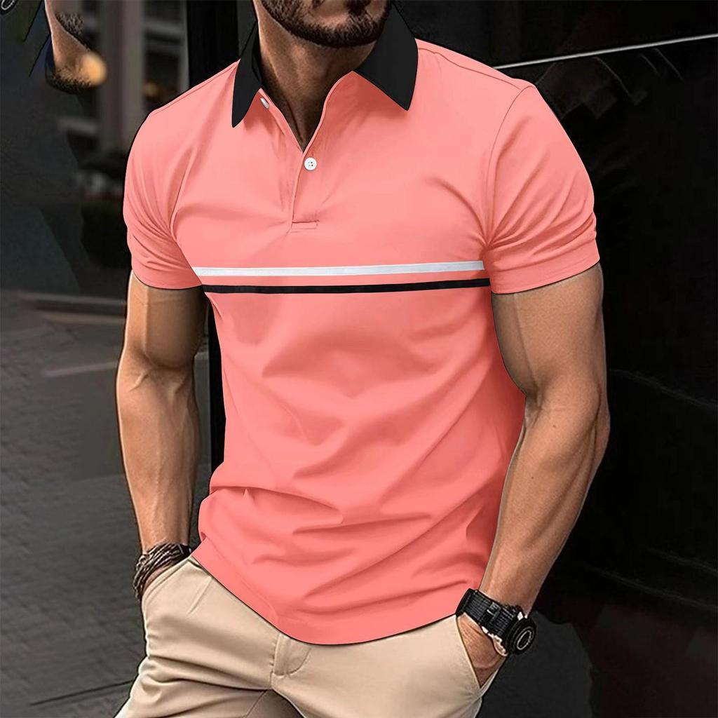 Men's Fashion Patchwork Polo Shirts Casual Pullover Lapel Button Tops Short Sleeve Summer Polos For Man