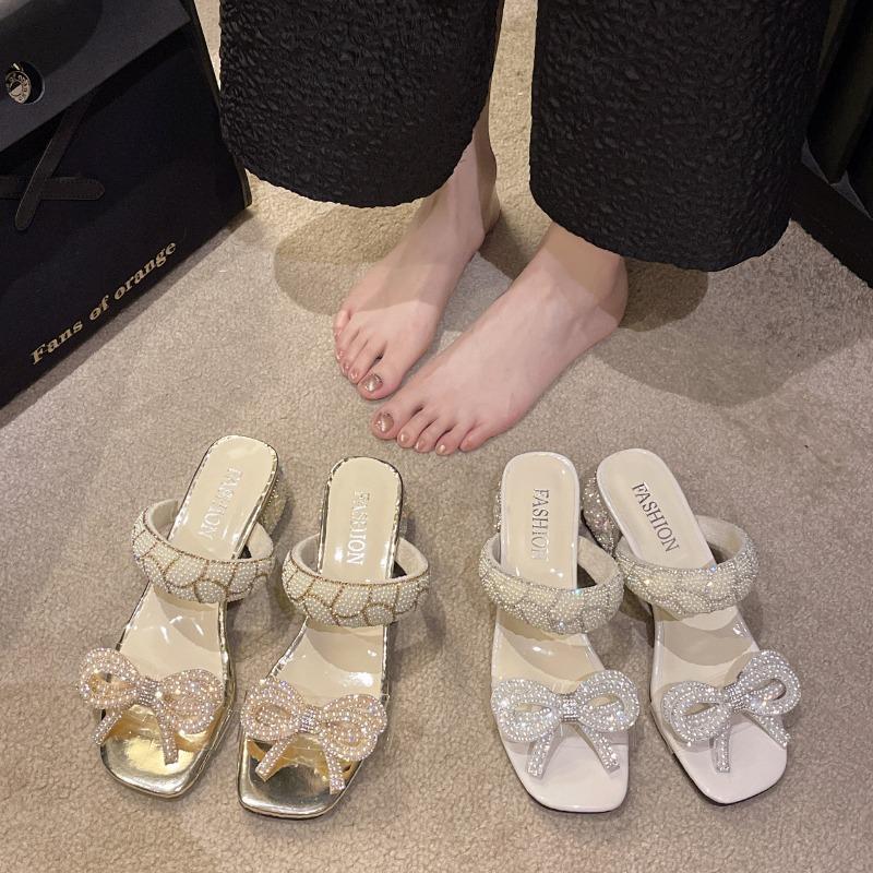 Gentle Bow Thick-heeled Sandals for Women in The Summer of 2025, A New One-line, Transparent Water Diamond Square Toe Fairy Shoe