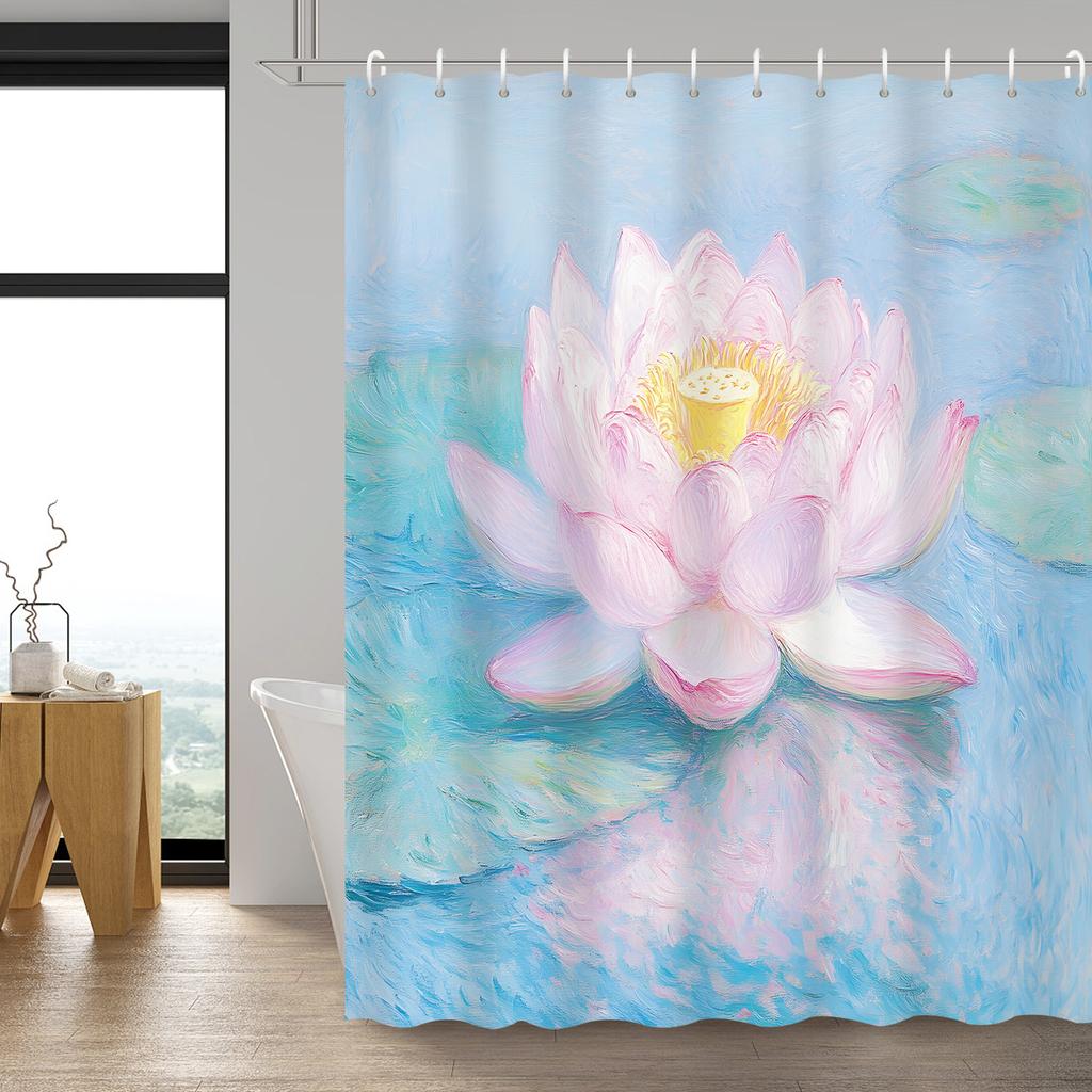 Hochwertiger Polyester-Duschvorhang - Chinesische Ölmalerei Lotus-Teich-Kunst, Rosa Lotus & Grüne Blätter mit Blauen Wasserwellen