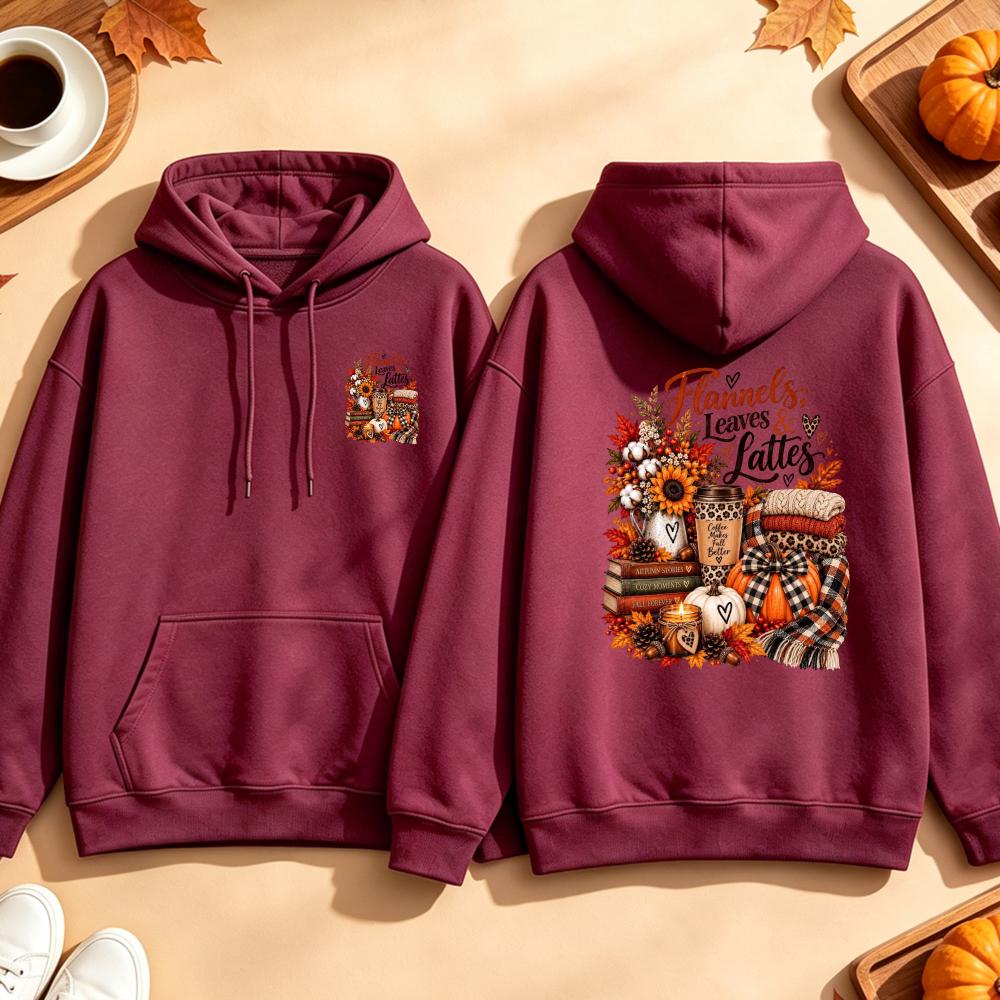 Flannels Leaves Lattes Hoodie Autumn Coffee Graphic Sweatshirt Fall Pumpkin Sunflower Candle Book Unisex Pullover Top