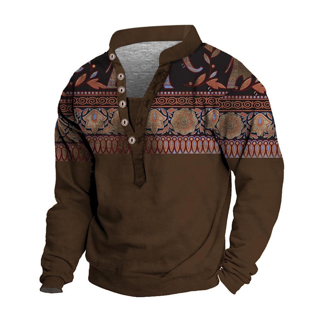 Pullover mit V-Ausschnitt für Herren, 3D-Digitaldruck, Stehkragen, 6 Knöpfe, Vintage-Kragen