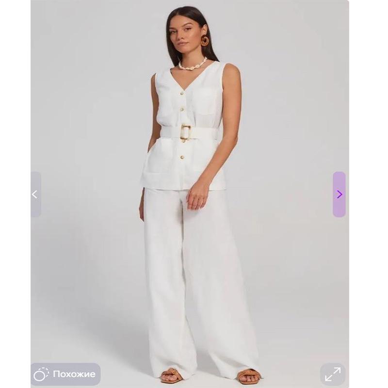 Conjunto de Chaleco de Lino Puro con Parches y Pantalones Largos de Venta Caliente 2024