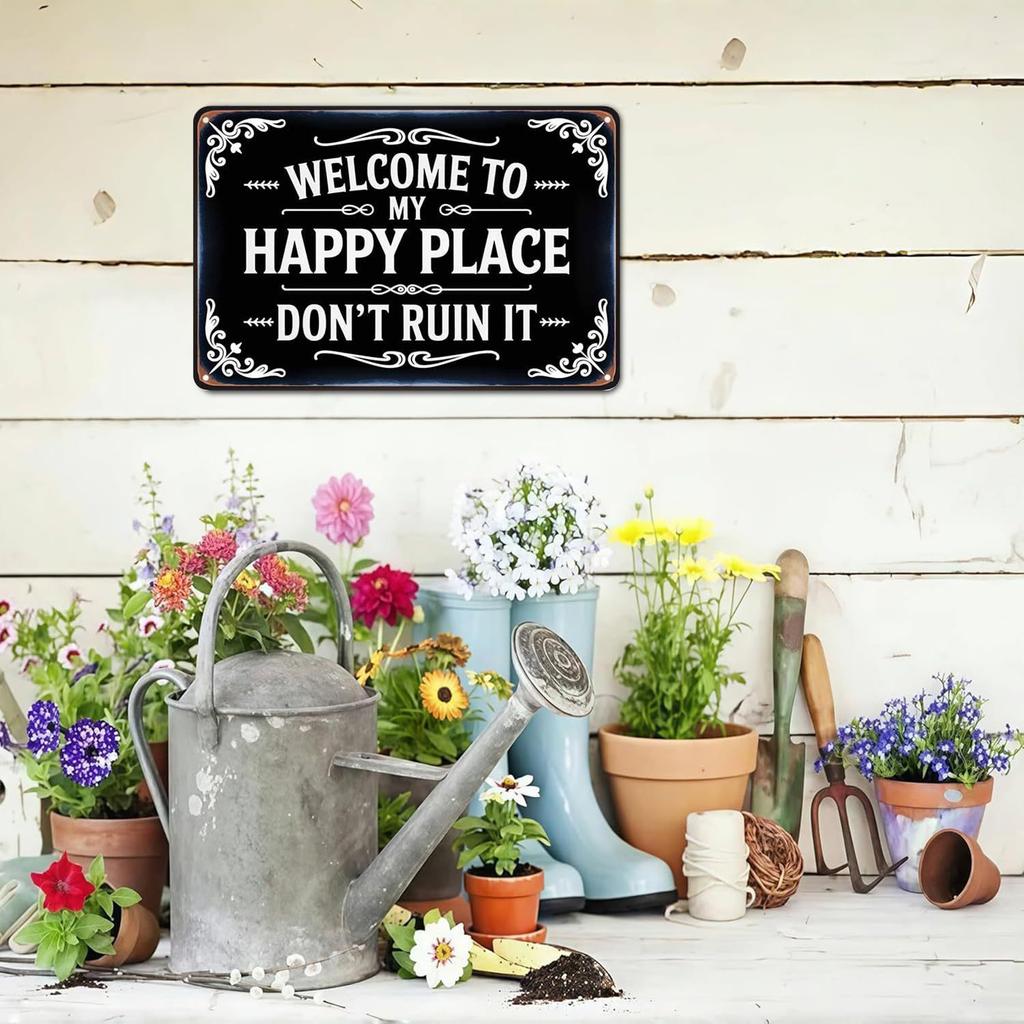 Happy Place Vintage Statement Tin Metal Sign Funny Rustic Style Garden Metal Sign for Home Patio Farm Coffee Bar Wall Decor