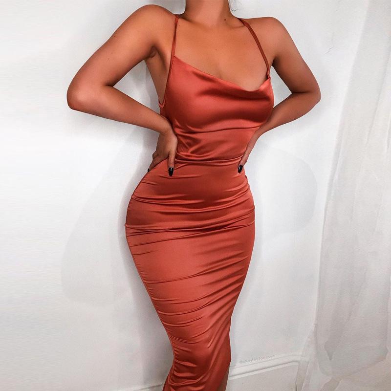 Summer Women's Sleeveless Satin Long Dress Elegant Bandage Backless Hollow Out Party Dress Sexy Vestidos For Special