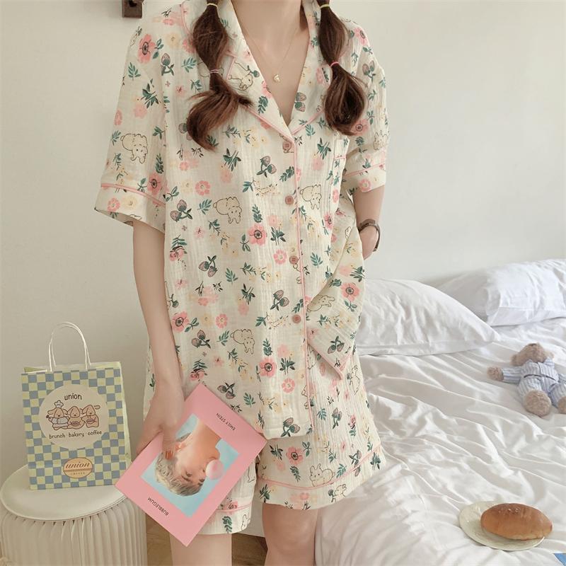 Women's Pajamas Summer Short Sleeve Sleepwear Set Cartoon Cute Rabbit Printed Pyjama Woman Ruffle Home Nightwear Set Cardigan