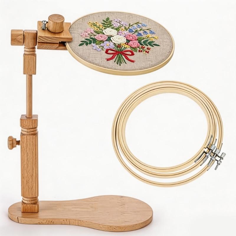 Wood Embroidery Stand with Repositionable Fabric Support, Smooth Components, and Rounded Edges During Needlework Tasks