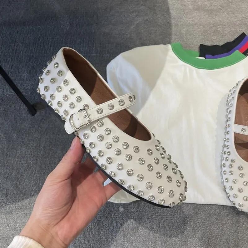 Sheepskin version of high sense ~ new leather rhinestone rivets Mary Jane shoes women's shoes flat ballet shoes