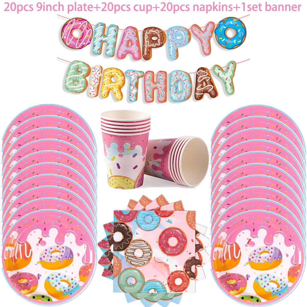 Donut Themed Birthday Tableware Set Pink Donuts Paper Napkin Plate Cup Tablecloth Donut Grow Up Birthday Party Baby Shower Decor