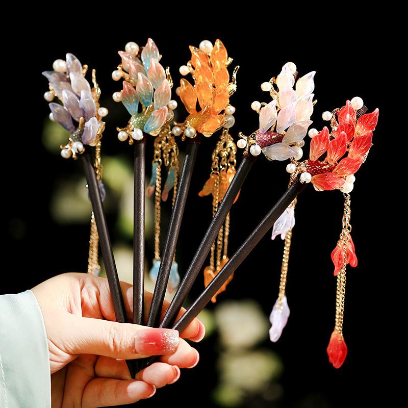 1 Stück Glas Fisch Haarnadel Antiker Kopfschmuck Sandelholz Haarnadel Frische Blütenblatt Haarnadel Neuer Chinesischer Stil Blütenblatt Quaste Haarnadel
