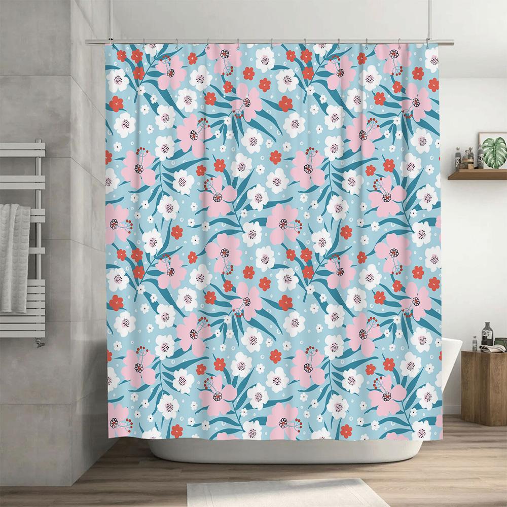Floral Print Shower Curtain Waterproof Bathroom Decor Polyester Fabric Bath Towel for Home Decoration In Blue White Red Pink Col