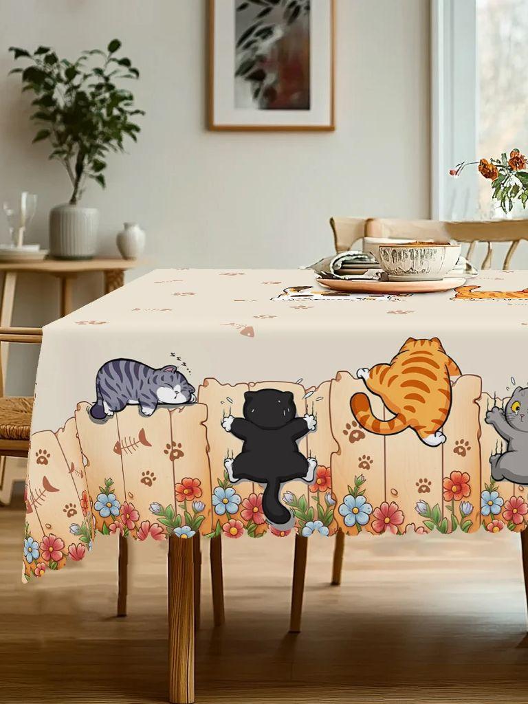 1 Piece of Cute Cartoon Cat Round and Rectangular Tablecloth, Available In 5 Sizes, Adorable Cartoon Cat Playful Pattern Print Deskcloth, Embossed Edg