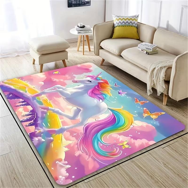 1pc Whimsy Woods Unicorn Area carpet, Cartoon Fantasy Horse Mat for Bedroom, Living Room Entryway - Machine Washable Decor Rugs
