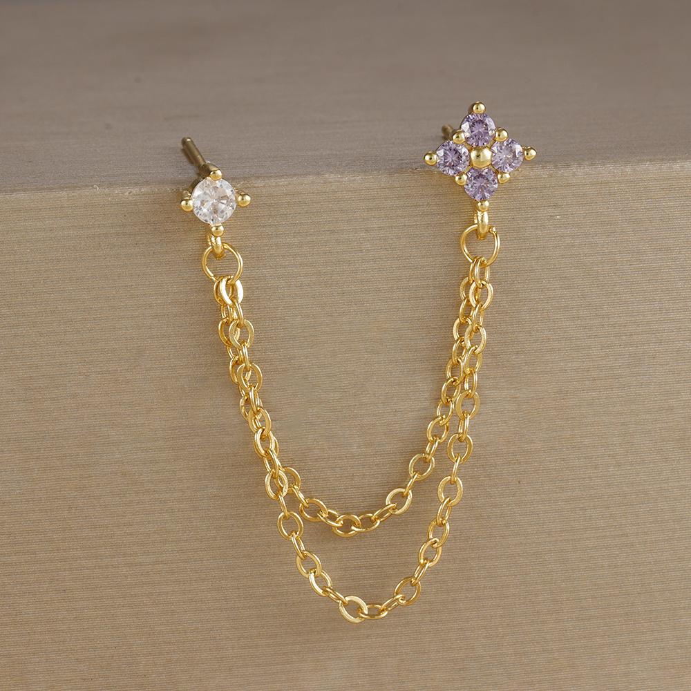 2PCS Stainless Steel December Birthday Stone Square Hanging Earrings Cubic Zirconia Chain Flower Dangle Earring Piercing Jewelry