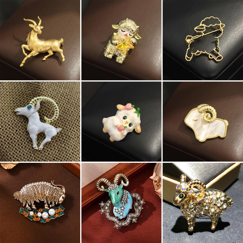 Shiny Sheep Goat Animal Brooch Rhinestone Pearl Decor Lapel Pin Elegant Women Jewelry for Coat Dress Bag Daily Decoration