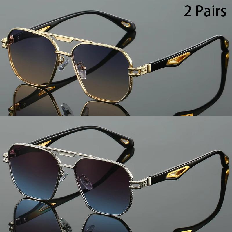 2 Pairs Vintage Square Sunglasses Men Gradient Multi-color Casual Shades Women Trendy Double Bridge Luxury Design Sun Glasses