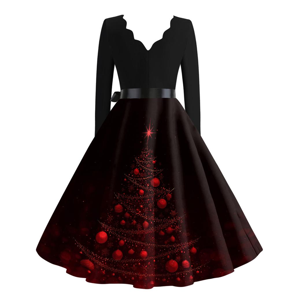 Women's Casual Fashion V Neck Christmas Printed Vintage Dress