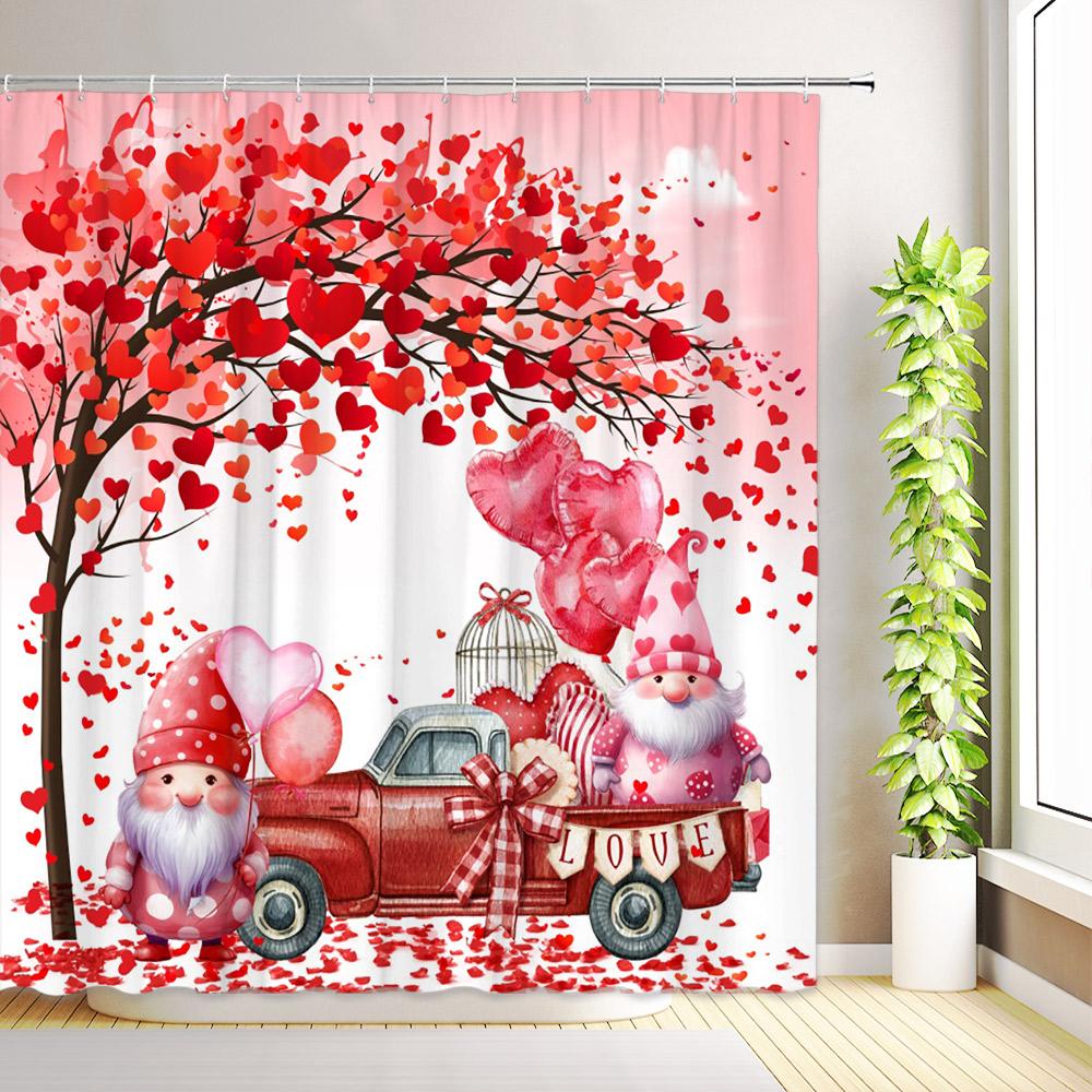 Valentine's Day Shower Curtain Romantic Rose Flower Bike Red Truck Love Hearts Tree Eiffel Tower Home Bathroom Decor With Hooks