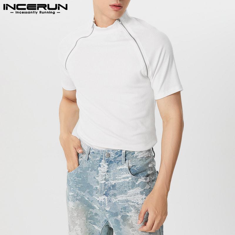 

INCERUN Men Summer T-shirts Short Sleeve Fitted Zipper Front Tops 5XL белый