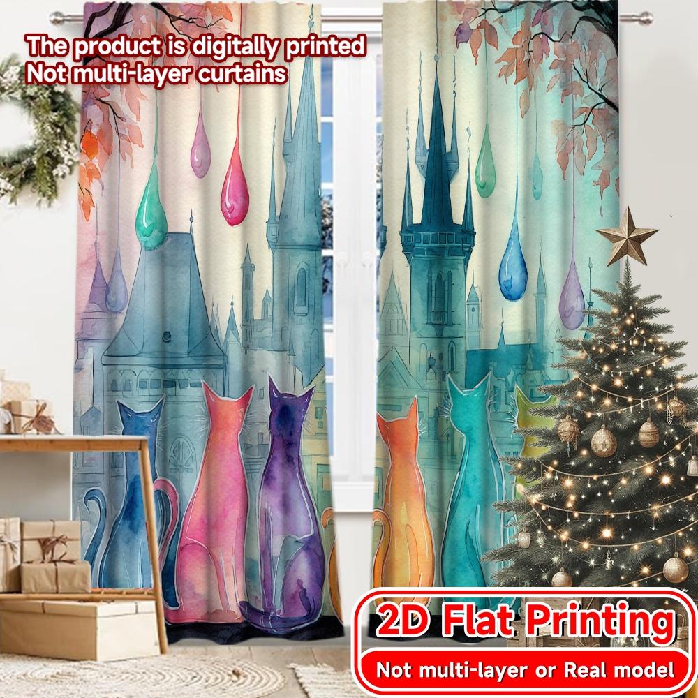 

Set Of 2 Flat Printing Curtains Without Rod Colorful Cats Rain Holiday Easter Printed Polyester Made W100*H70(CM)-Hooks&1PCS