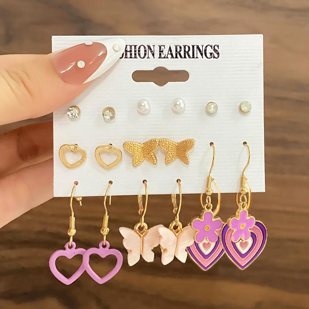 Multi-layer Geometric Circle Inlaid Rhinestone Butterfly Stud Earrings Set 6 Pairs of Creative Butterfly Pendant Earrings
