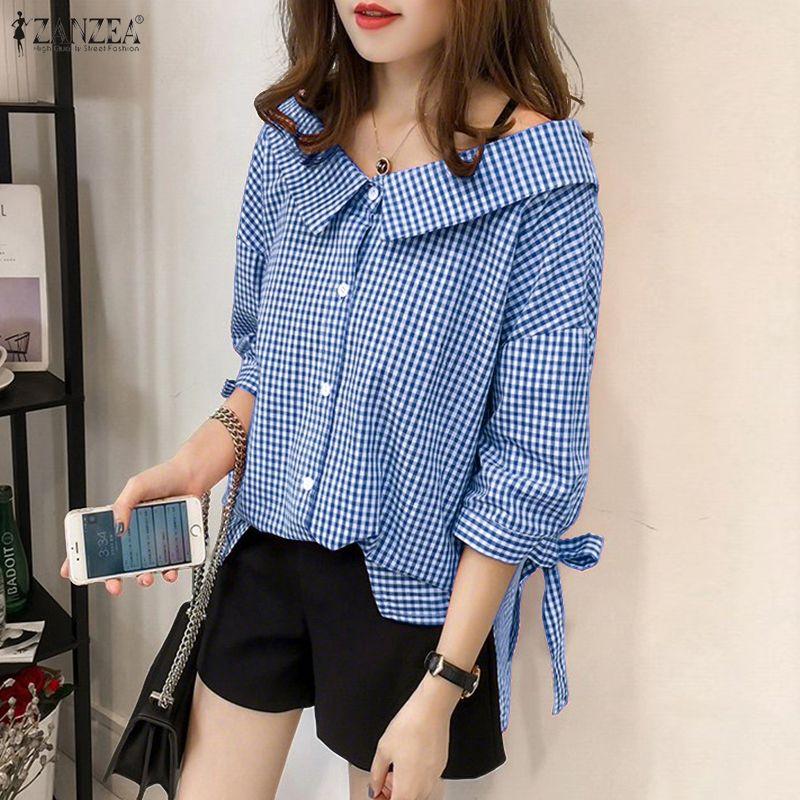 ZANZEA Damen Lässig Locker Reverskragen Kariert 3/4-Ärmel Bluse