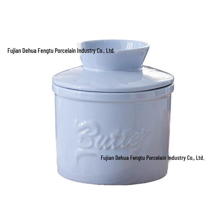 Ceramic Butter Dish with Embossed Logo - Blue Lid Set for Butter, Cheese, and Tallow Storage
