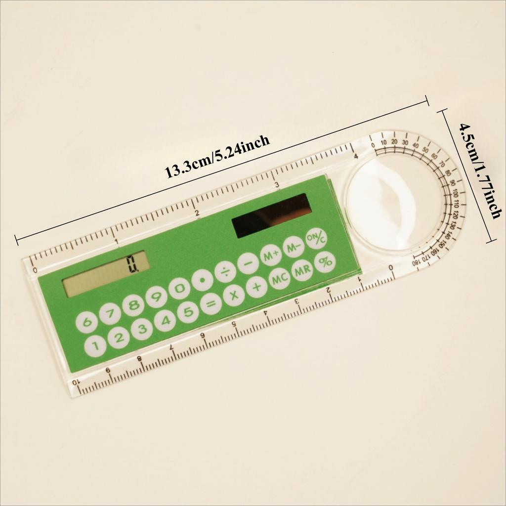 Mini Ultra-Thin Ruler with Solar Calculator & Magnifying Glass - Multi-Function School & Office Supplies, Durable Plastic, Ideal for Students