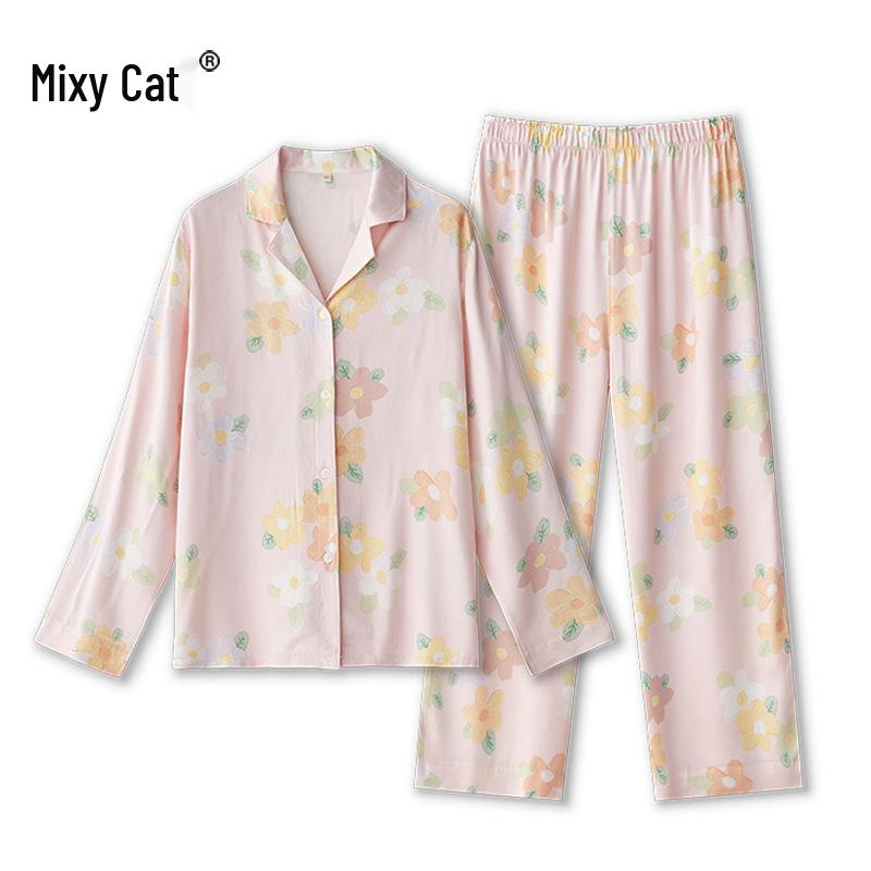 

Four Seasons Pink Oil Painting Satin Pajama Set - Short Sleeve Cardigan & Long Pants XL (68~78 kg)
