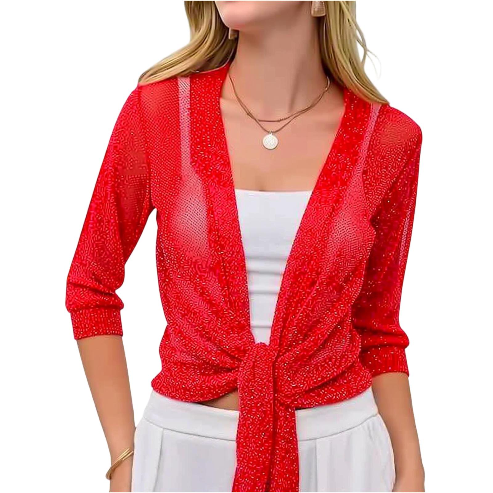 Master key Dames Sheer Mesh Open Voorkant Strik Taille Cropped Vest Driekwart Mouw Lichtgewicht Gebreide Top L
