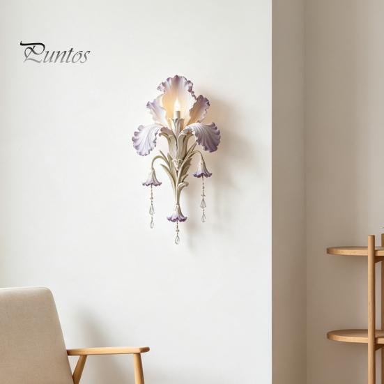 Bedroom Wall Lighting Iris Bloom Sconce, Vintage Floral Light with Faux Crystal Luxury Interior Drops, Romantic Purple Ambient Lamp for Living