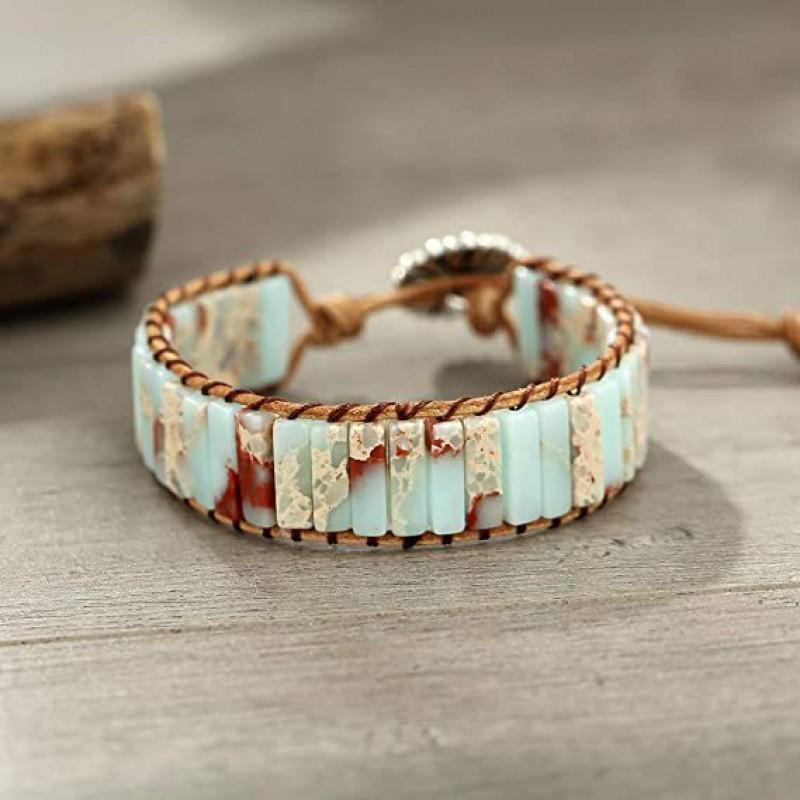 Bohemian Handwoven Leather Bracelet With Natural Stone Beads Geometric Design Unisex Jewelry Daily Wear Longevity Stone Flower Clasp