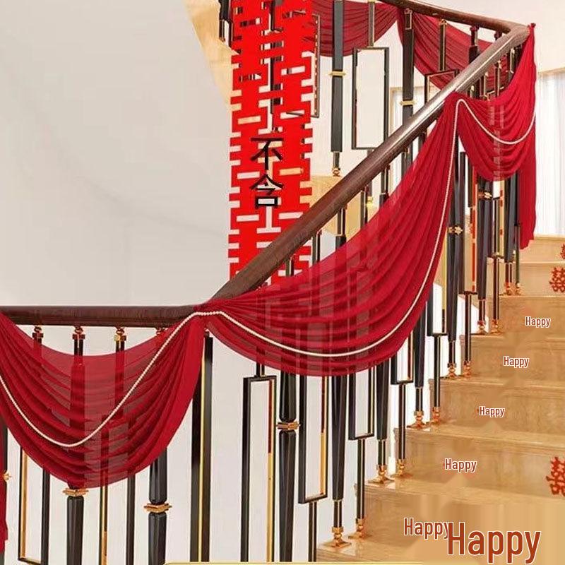 Burgundy Wedding Stair Handrail Drapes with Pull Flower Banners