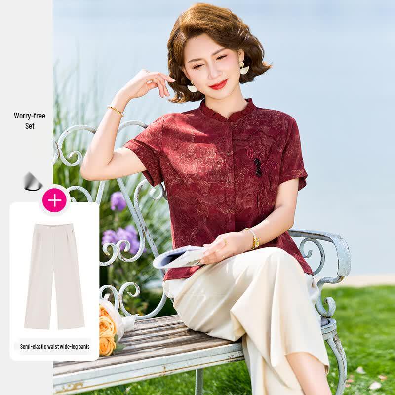 Pastor Women s Elegant Embroidered Top & Casual Pants Set 4XL