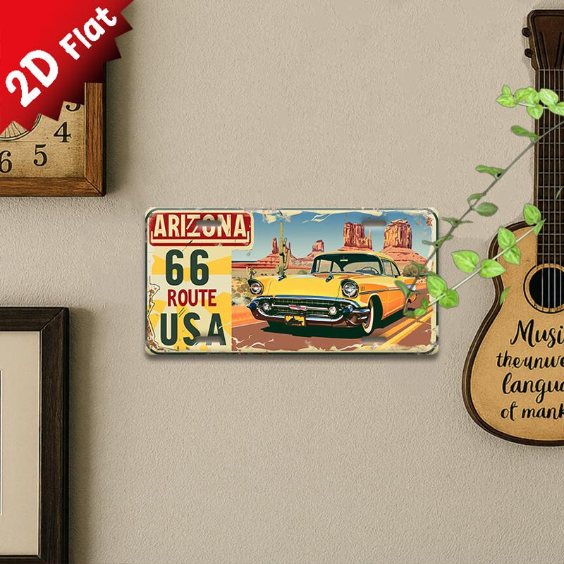 2D Flat, Vintage Metal Tin Sign - Route 66 Retro Car & Arizona Landscape Wall Art, 11.8x5.9 Inch Aluminum Decorative Plaque