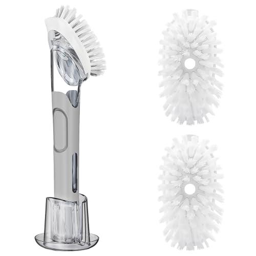 Multi-functional Long-Handled Eco-Friendly Kitchen Scrub Brush with Nylon Bristles and Automatic Liquid Dispensing for Pots Pans Xs светло-серый