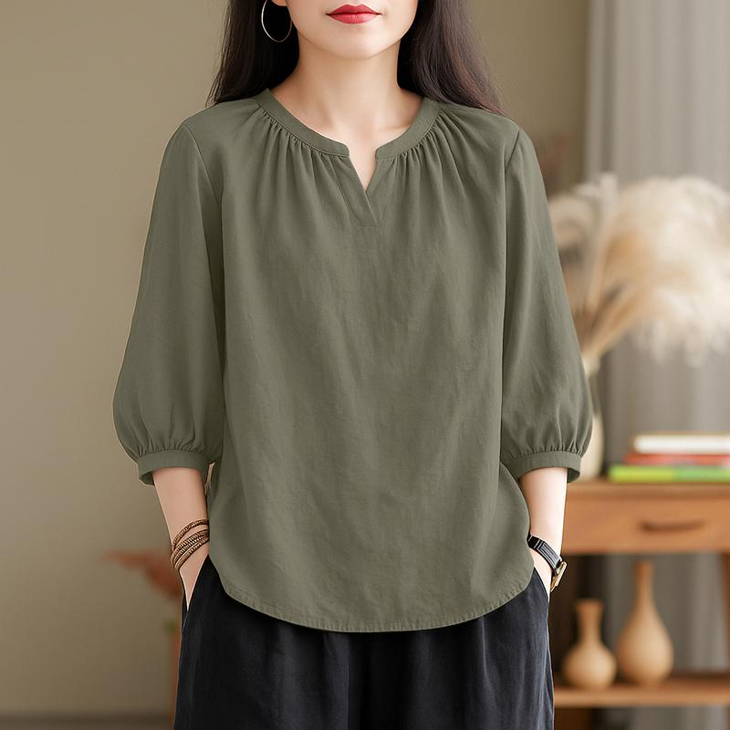 ZANZEA Lässige Bluse mit V-Ausschnitt und 3/4-Ärmeln für Damen in Volltonfarbe