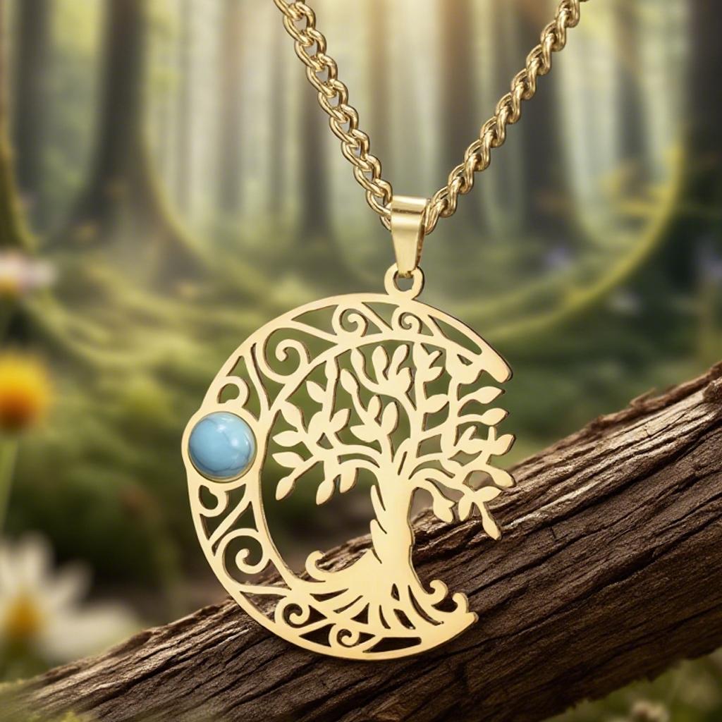 Dawapara Vintage Turquoise Crescent Moon Tree of Life Necklace Filigree Celtics Moon Wiccan Pendant Stainless Steel Jewelry