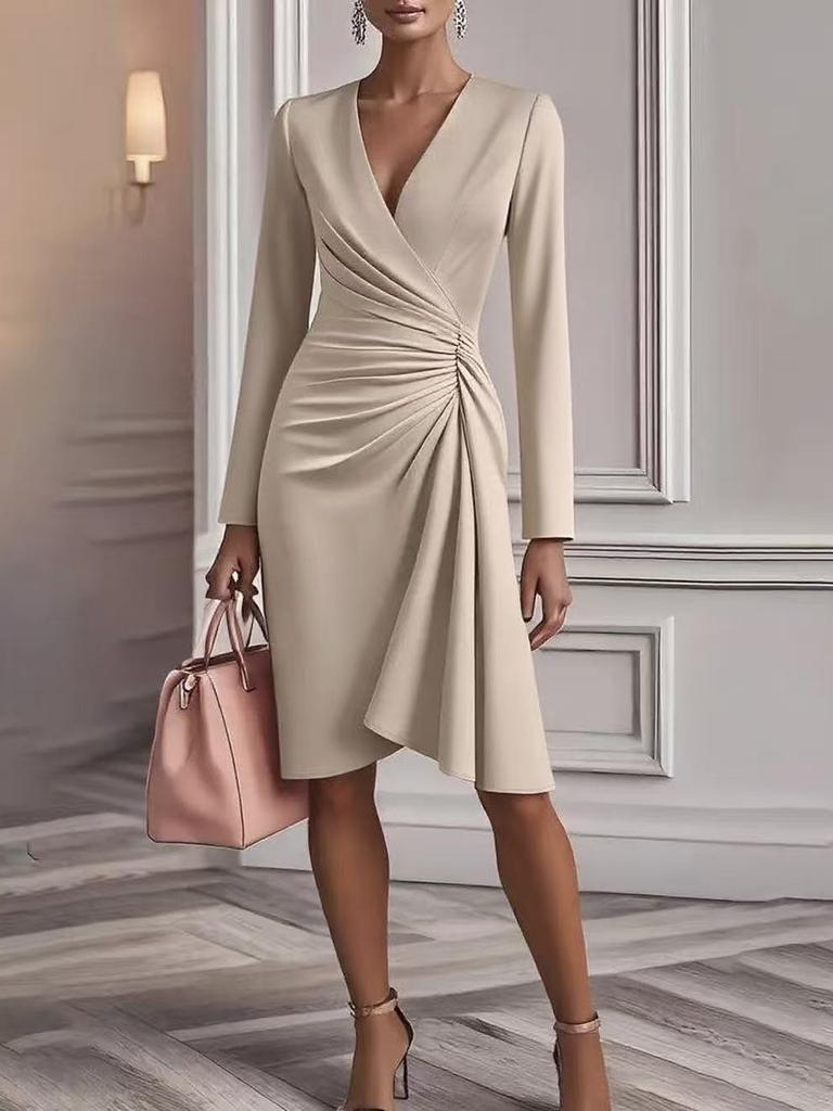 New Sexy Slim Fit Bodycon Dress Long Sleeve V-Neck Pleated Design Women's Dress