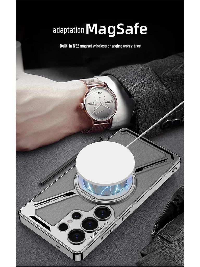 Samsung S25 Ultra Protective Case with Magnetic Rotating Stand – Anti-fall, Electroplated Leather Cover