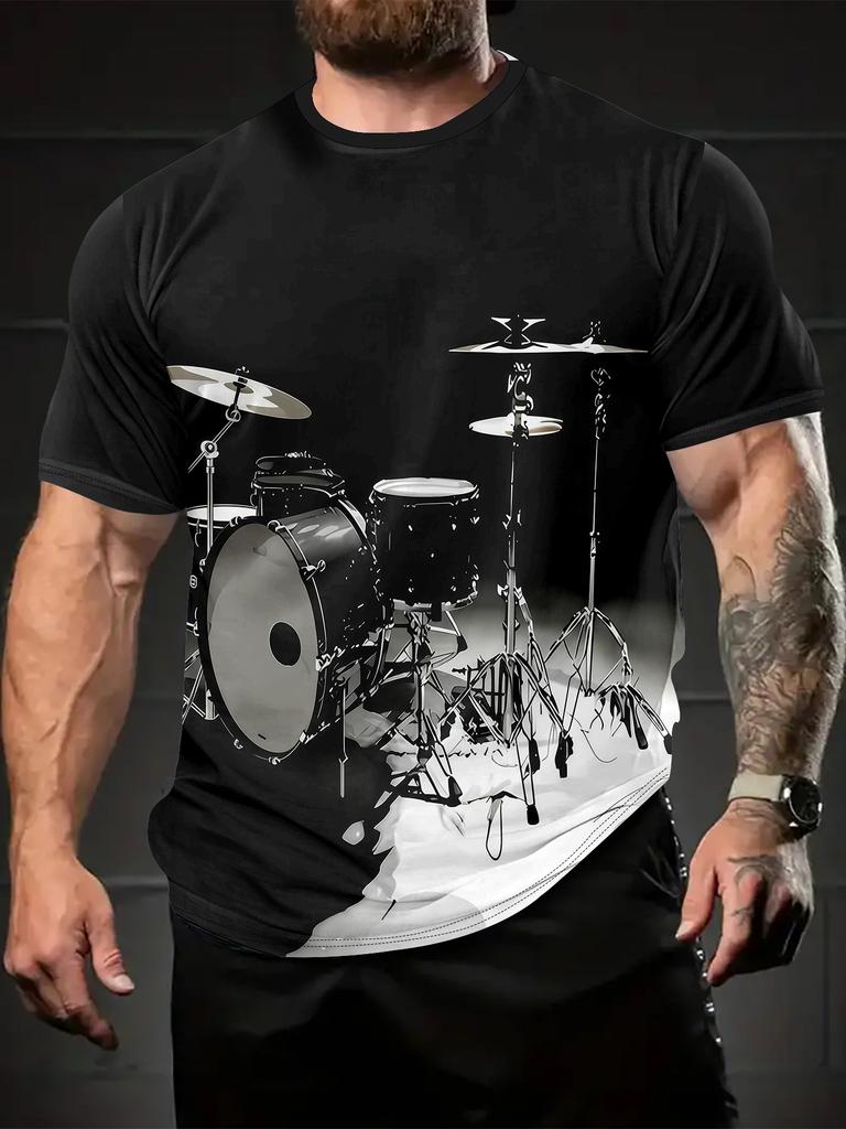 Drum Set Graphic 3D Print Men's Round Neck Casual Tee | Summer Breathable Outdoor Fitness Wear | Stylish Comfortable Home & Gym Top | Perfect for