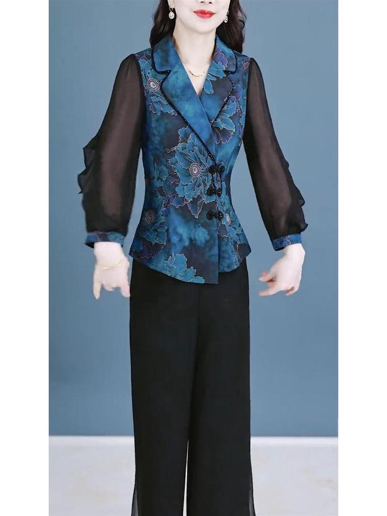 2025 Spring Women's Chinese National Style Two-Piece: Slimming Top & Wide-Leg Pants
