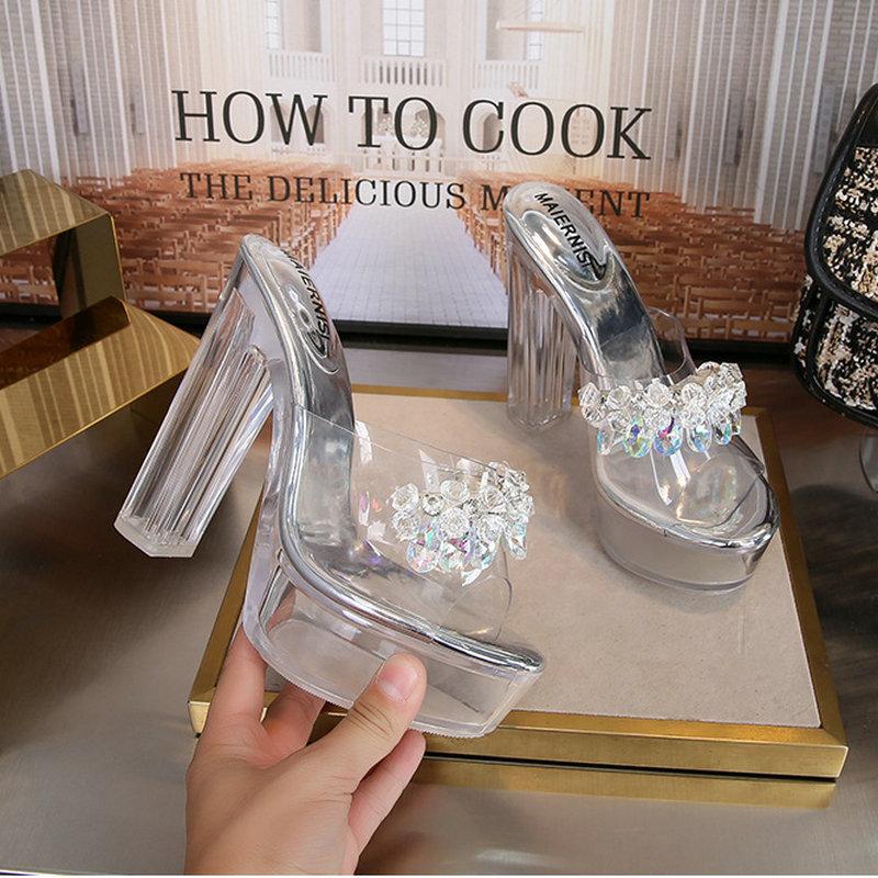

Fashion Sexy Heels 13cm Thick Heels Waterproof Platform Fashion Sandals Sandals Transparent Glass Slipper Wedding Shoes 42 серебряный