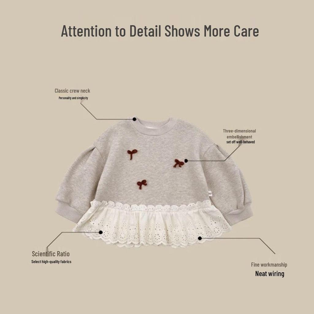 Fleecegefüttertes Sweatshirt im Waldstil mit Schleife für Mädchen – Niedliches und stylisches Lotusblatt-Spitzendesign für Herbst und Winter