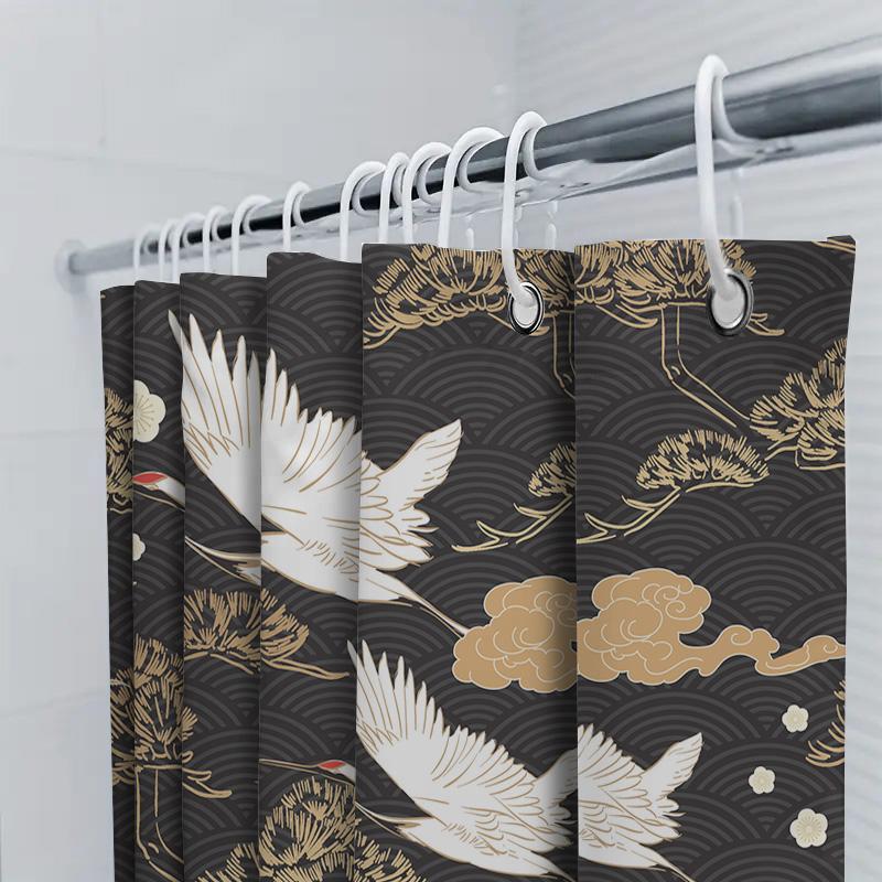 Klasický japonský vzor jeřábů Sprchový závěs Dekor Domov Vodotěsná Koupelnová dekorace (Černá)