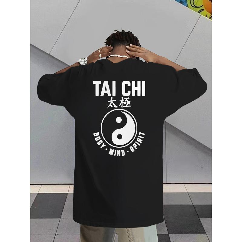 Men S Summer Casual  Tai Chi  Print Short Sleeve T-Shirt, Men S Fashionable Versatile Round Neck Top S чёрный
