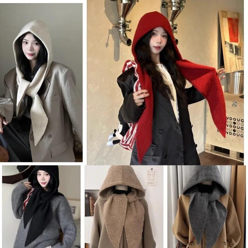 Fashion Korean Knit Hat Scarf Set Women Winter Warm Hat with Ear Protection Autumn Winter Hooded Neck Warmer