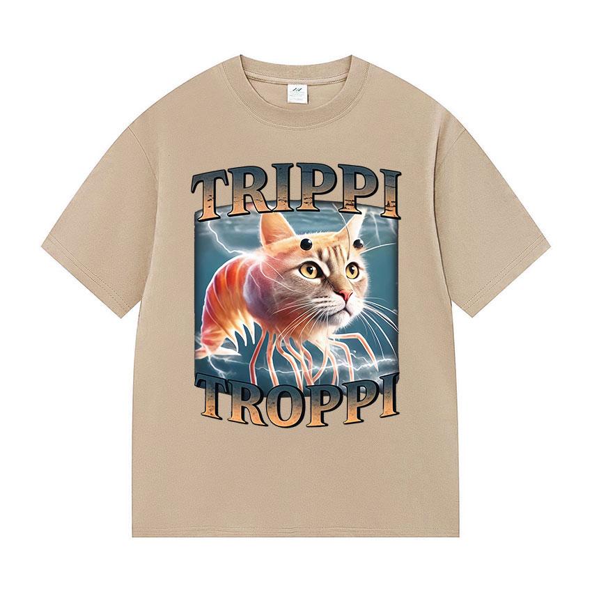 Italienischer Brainrot Trippi Troppi Katze Lustiges Meme Grafik T-Shirts Herren Damen Lässig Kurzarm T-Shirts Mode O-Ausschnitt Baumwoll-Tees