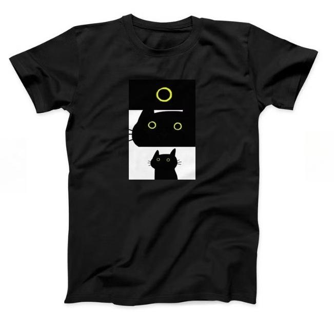 

Cute Abstract Black Cat T Shirt Minimalist Block Cat Design Shortsleeved Tee Aesthetic Casual Versatile Top for WomenGirls S